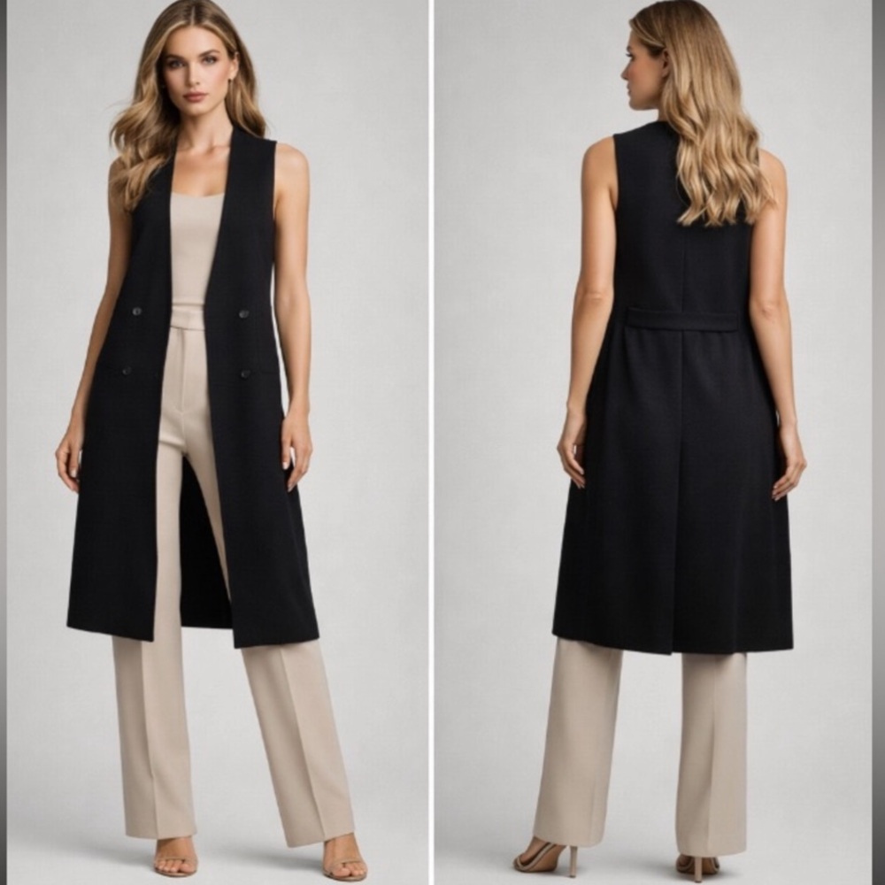 Theory Aggie Black Wool Long Vest Sleeveless Open Front Tailored Sz 8 Minimalist
